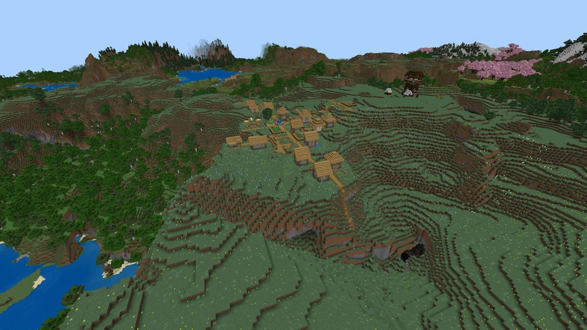 A Minecraft Plains Village next to a Pillager Outpost and a Cherry Grove biome