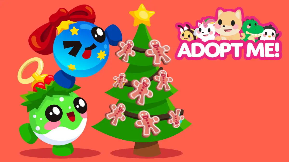 Holiday 2024 background from Adopt Me! with logo and Gingerbread added to the tree.