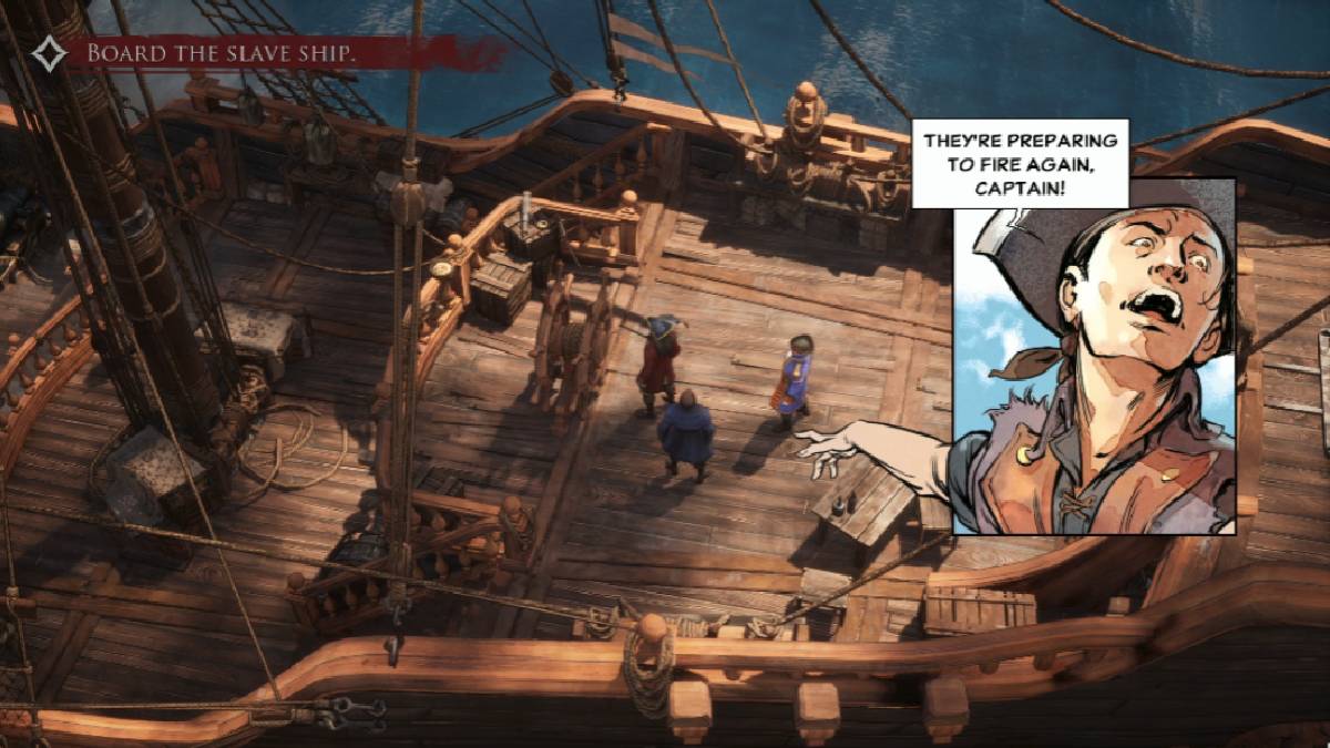 Edouard warns Captain Flint of an incoming attack in Flint: Treasure of Oblivion.