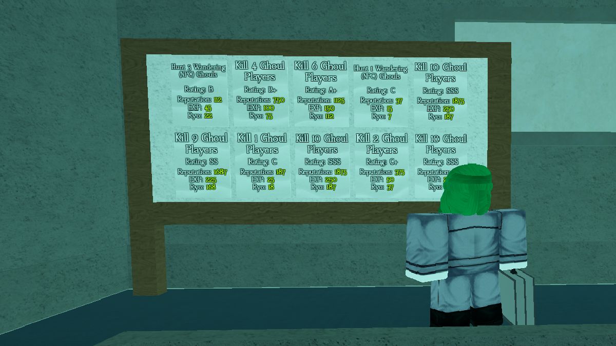 Human looking at the CCG quest pinboard in GHOUL://RE on Roblox.