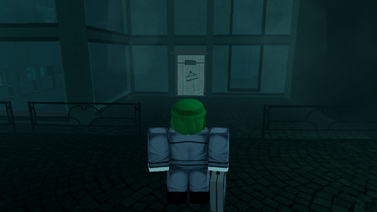 Un humano se para frente a una tienda de ropa en GHOUL://RE en Roblox.