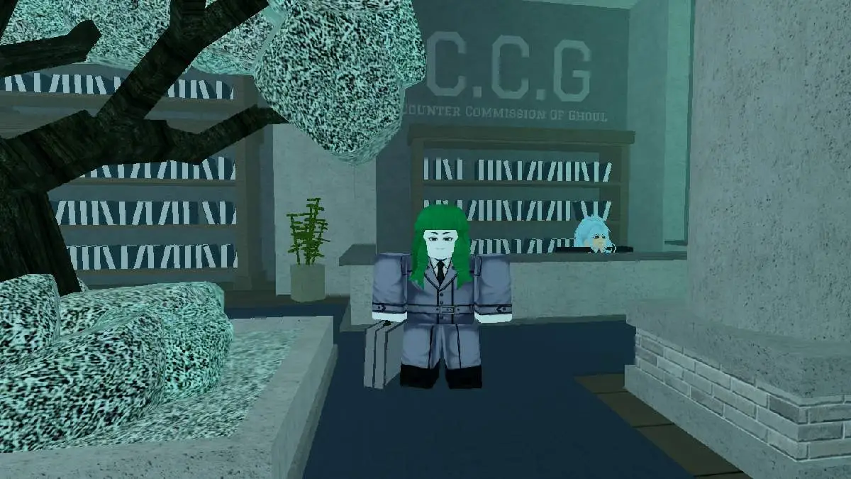 Human standing in front of the CCG Reception Desk in GHOUL://RE on Roblox.