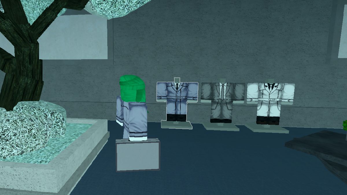 Human stands in front of three suits in CCG HQ in Ghost://RE on Roblox.