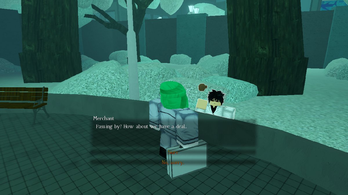 Un humano comercia con un NPC comerciante en el parque en GHOUL://RE en Roblox.