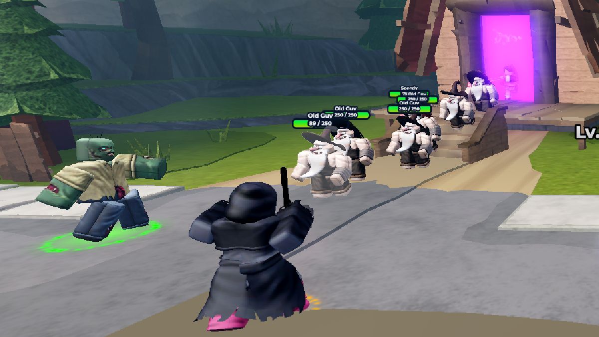 Ghost Woman and Zombie defending against a mob of Old Guys in Horror Tower Defense on Roblox.