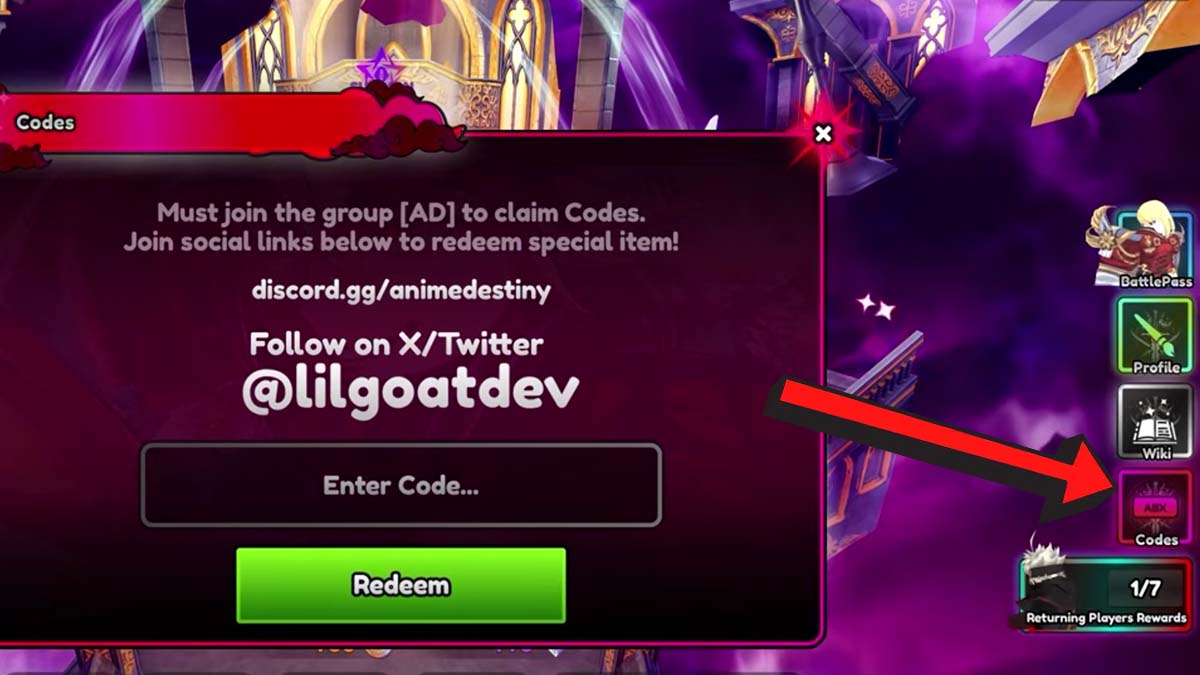 Anime Destiny Codes Redemption system.
