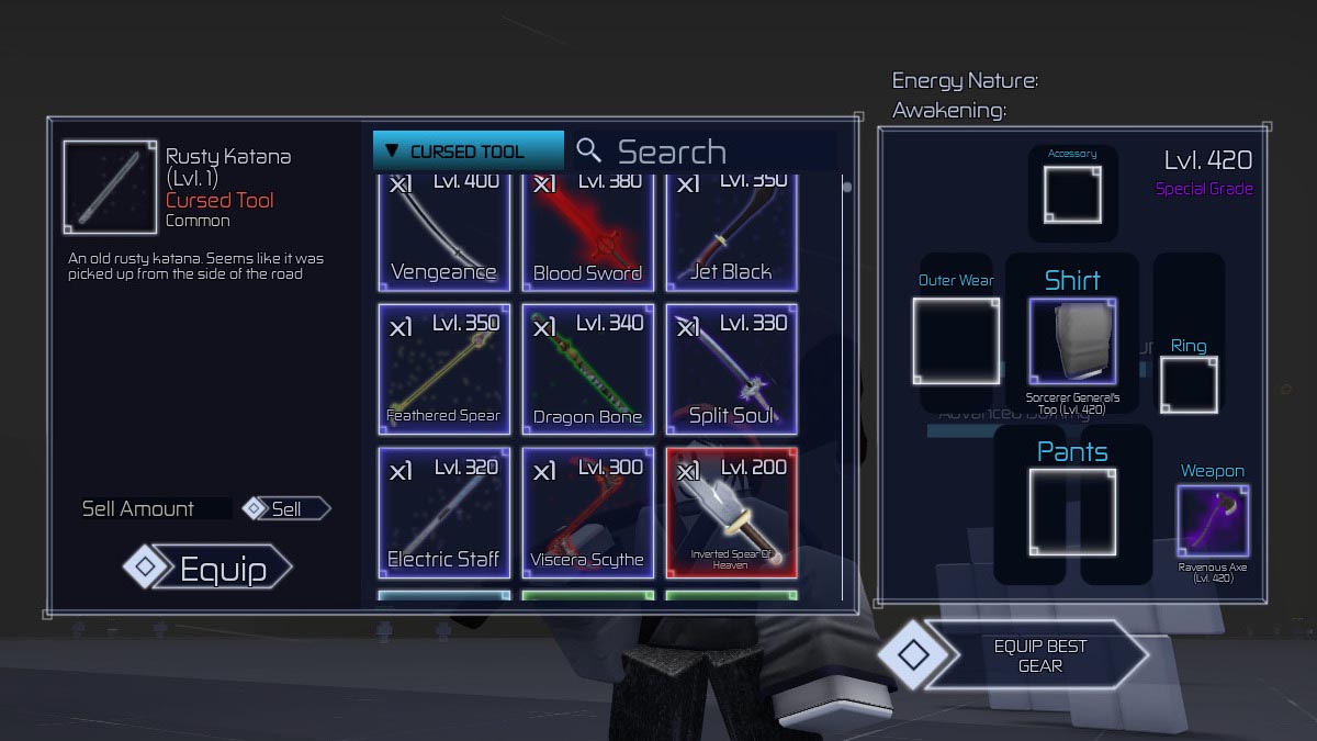 Weapons menu in Jujutsu Infinite