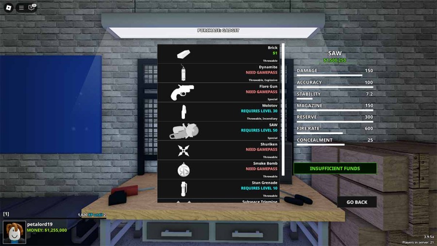 Notoriety PAYDAY Roblox SAW gadget