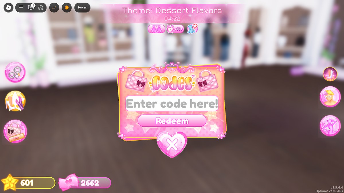 The code menu in Roblox Dress to Impress (DTI).