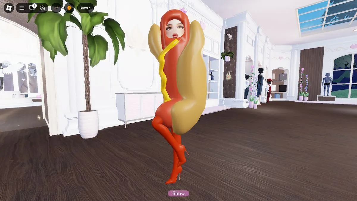 Avatar posing in the hotdog costume on Roblox Dress to Impress.