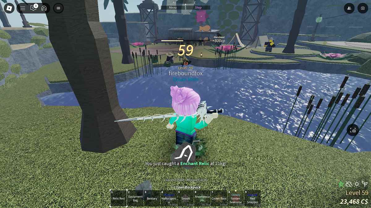 Catching a Relic in the pond on the Ancient Isle in Roblox Fisch.