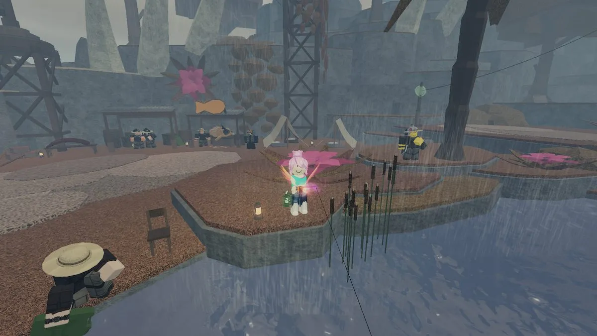 Fishing on the Ancient Isle while it rains in Roblox Fisch.