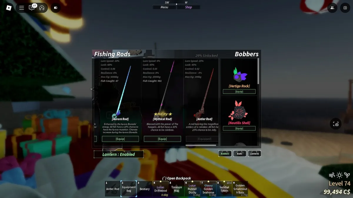 Bobbers menu in Roblox Fisch.