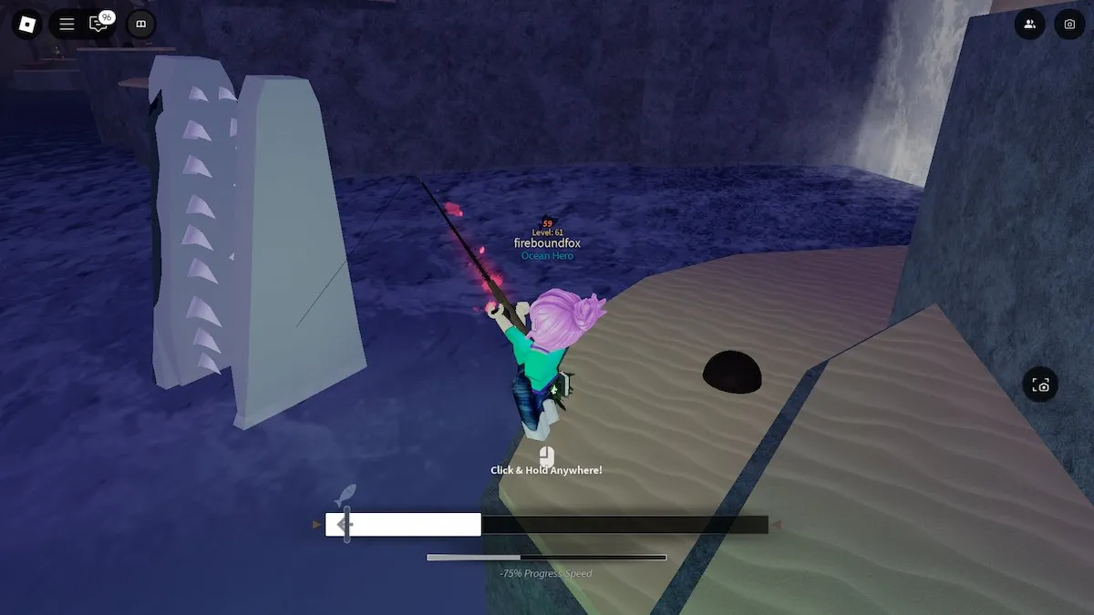 Reeling in a Mosasaurus in Roblox Fisch.