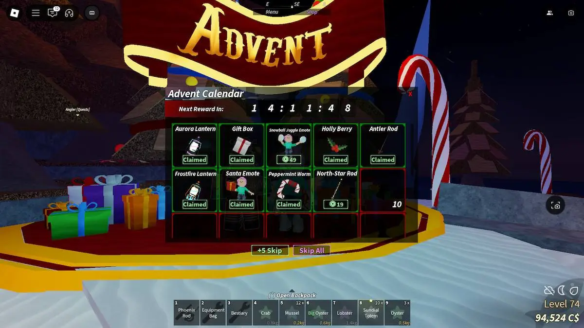 Advent calender showing the North-Star Rod in Roblox Fisch.