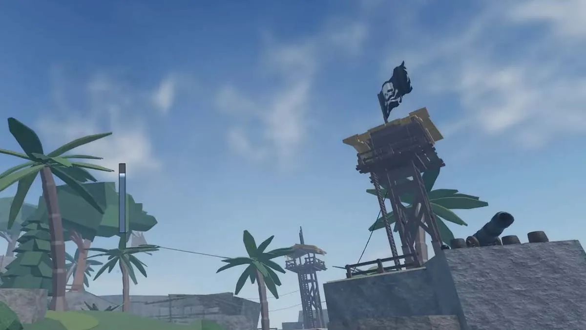 Watch tower with a pirate flag on Forsaken Island in Fisch.