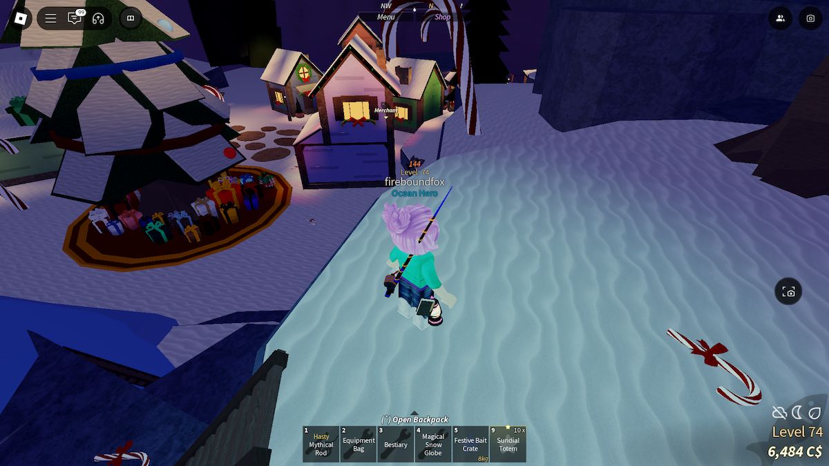 Finding a fishing spot in the Winter Village in Roblox Fisch.