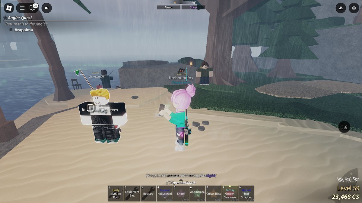 Trading a relic in Roblox Fisch.