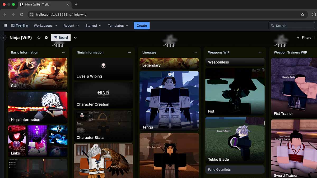 Roblox NINJA Trello board.