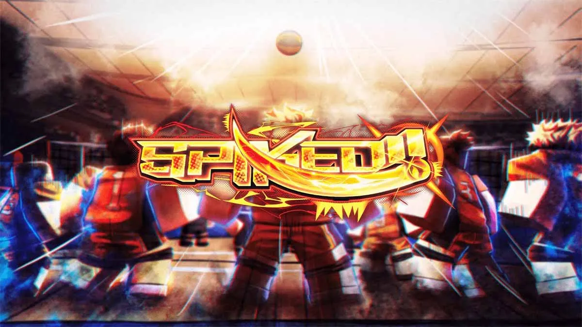 Key art of various characters in SPIKED standing in a volleyball court with SPIKED logo in the center.