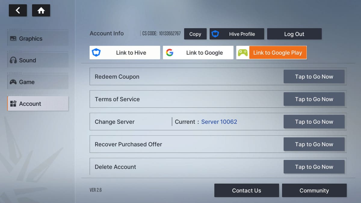 Account settings menu in Starseed Asnia Trigger