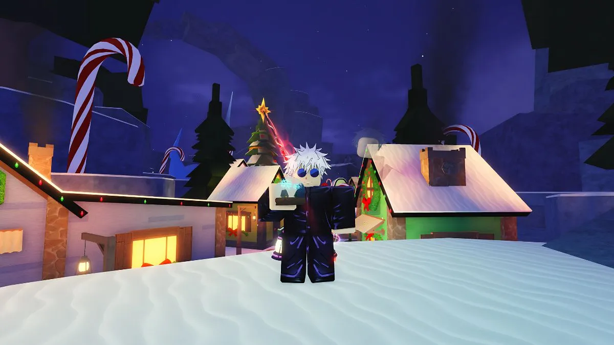 player using the Snow Globe to enter Winter Village in Fisch Roblox experience