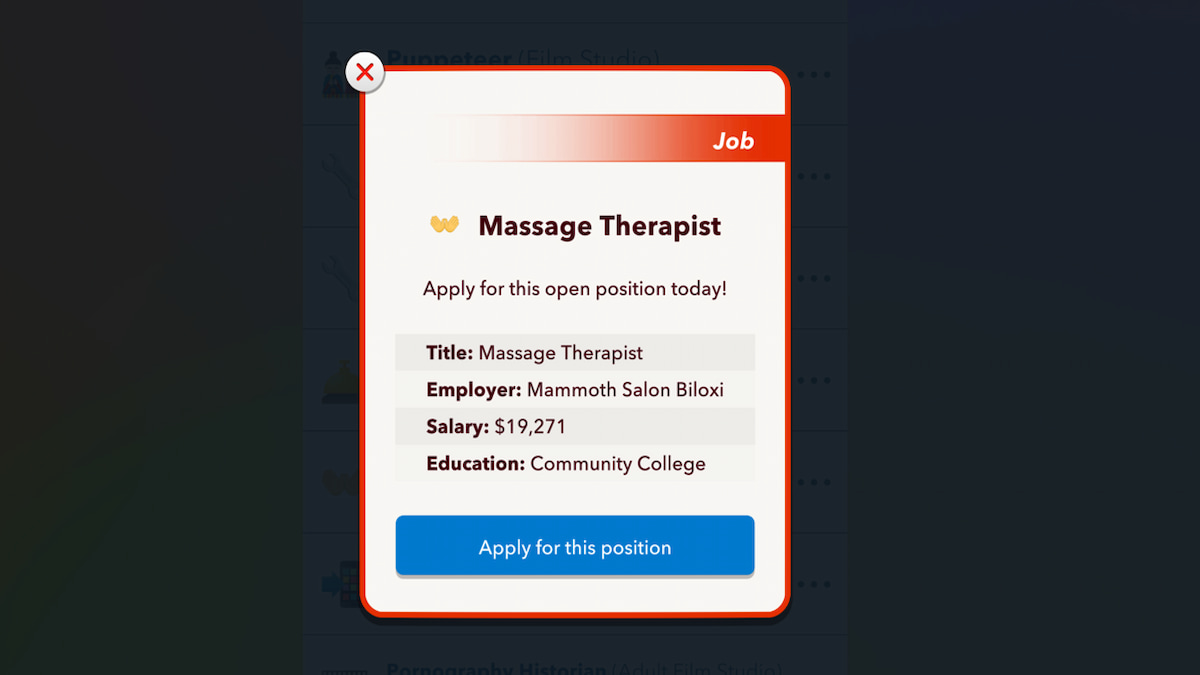 A Massage Therapist role in BitLife