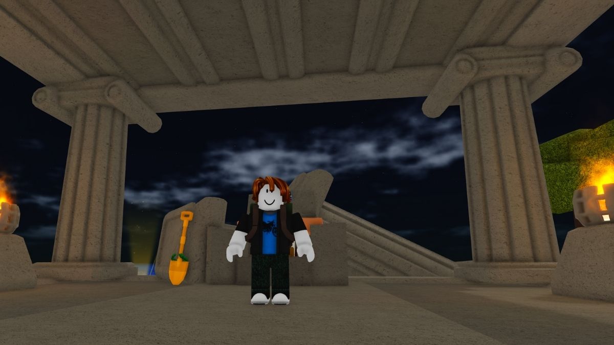 Character standing at Greek Temple in Dig It Roblox.