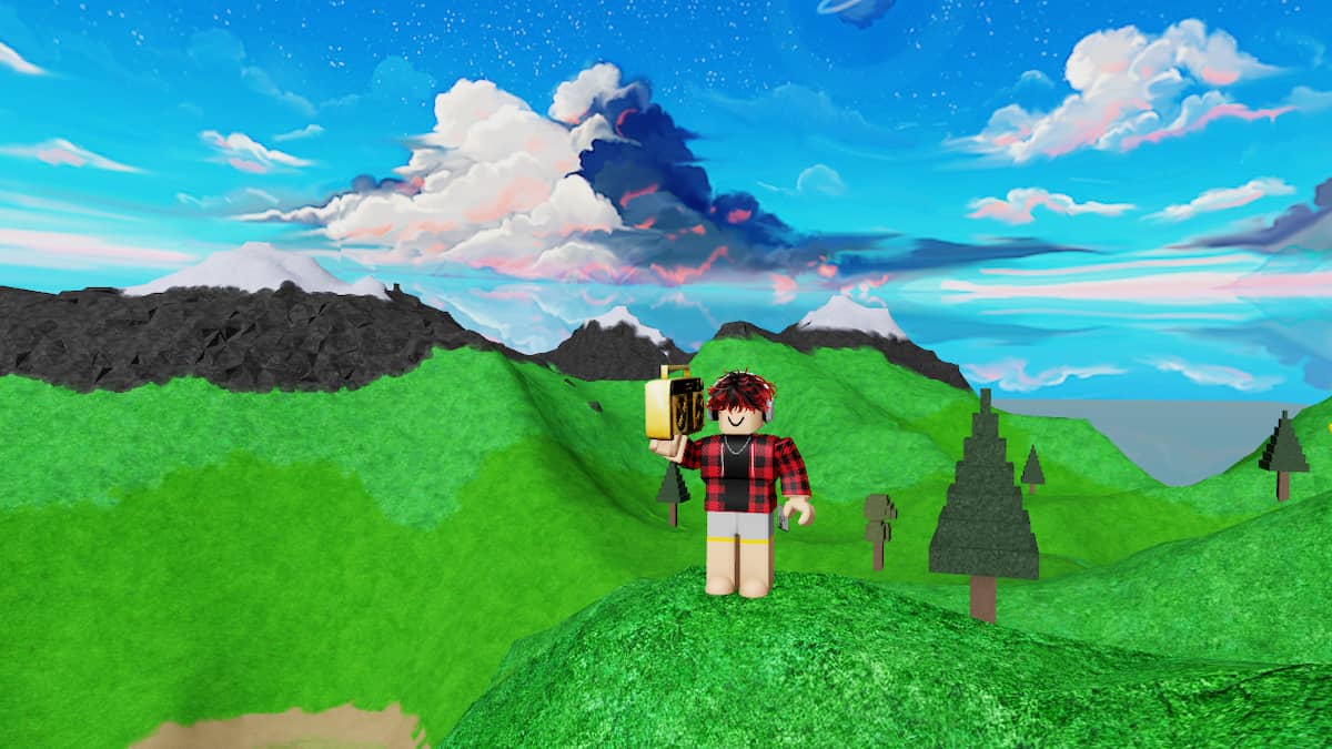 A player standing on a beautiful field in Roblox