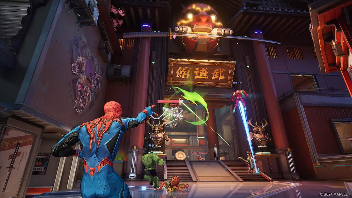 A spiderman swinging in Marvel Rivals