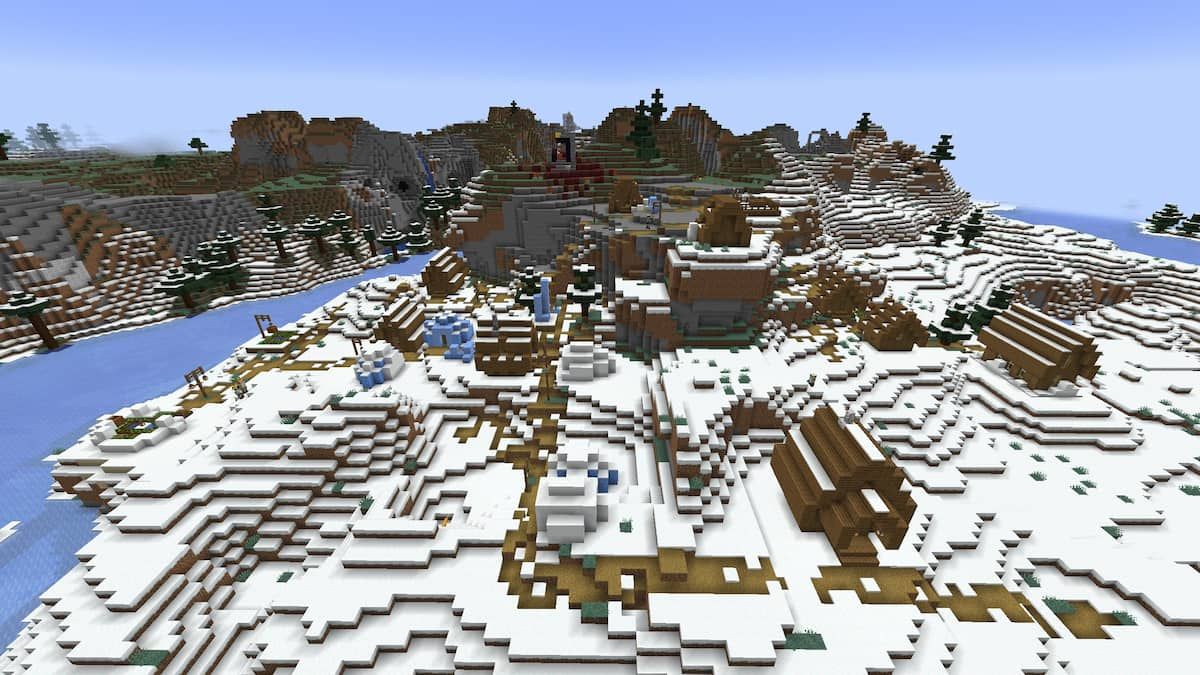 A Snowy Village with a ruined Nether portal in Minecraft