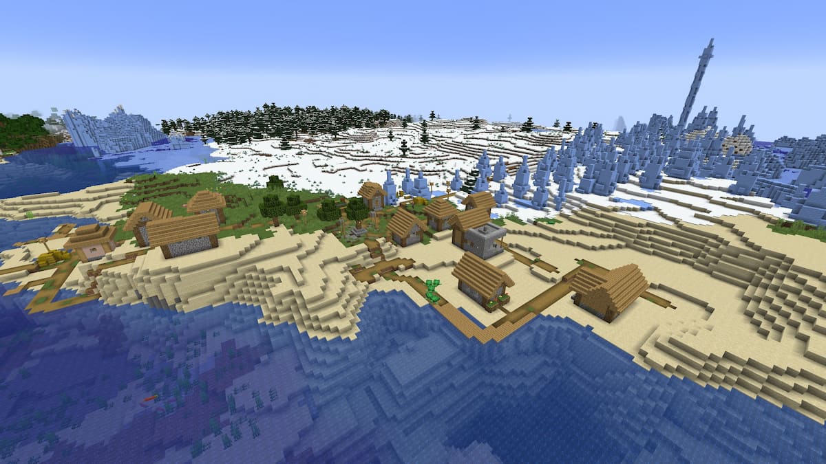 A Minecraft Plains Village with a Blacksmith on a Beach next to an Ice Spikes biome