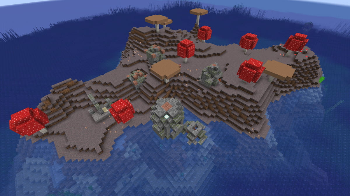 A set of Cold Ocean Ruins on top of a Mushroom Island in Minecraft