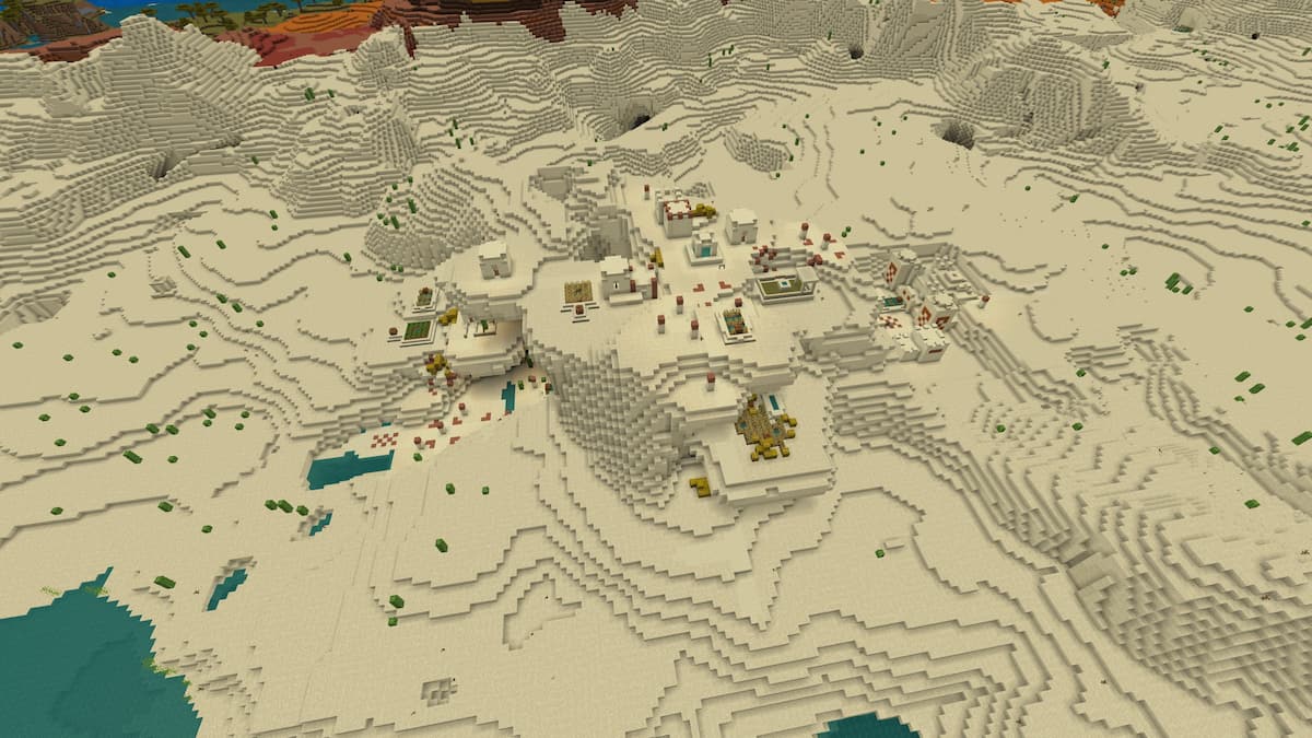 A Desert Village in Minecraft with a Desert Temple inside of a farm