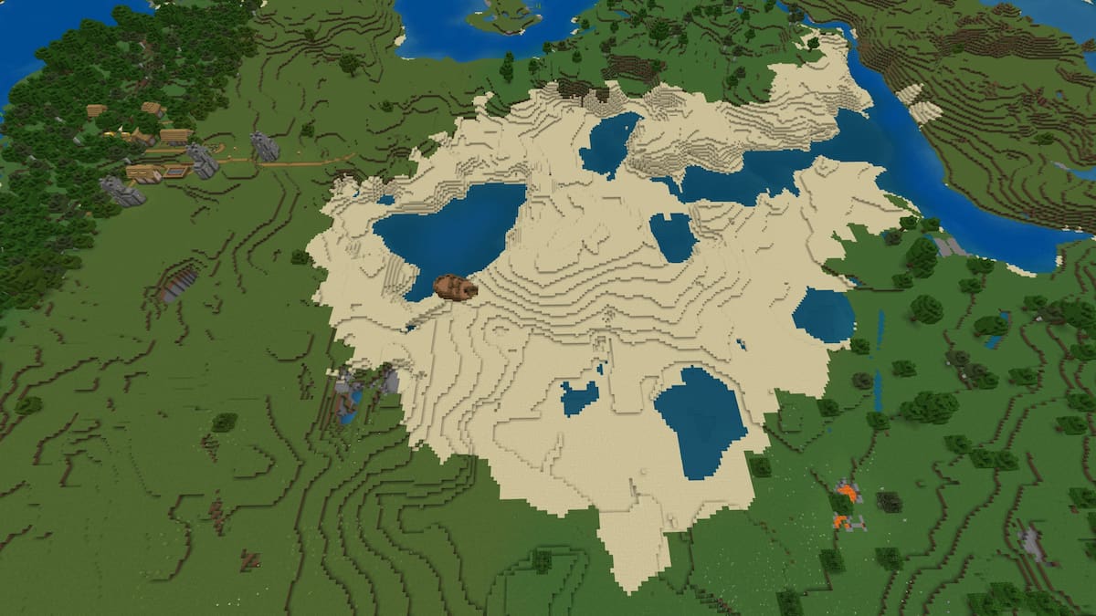 A Minecraft Beach in the center of a Plains biome with a shipwreck and a Plains Village