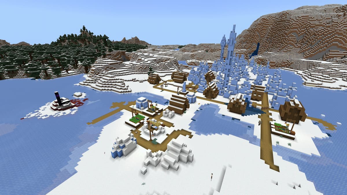 A Snowy Village in a Minecraft Ice Spikes biome with a ruined Nether portal