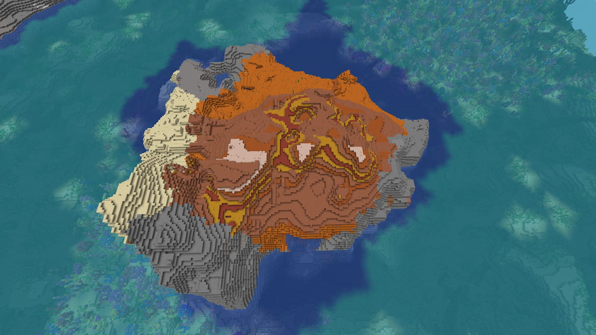 A small Badlands and Stony Shores island near a Minecraft Coral Reef biome