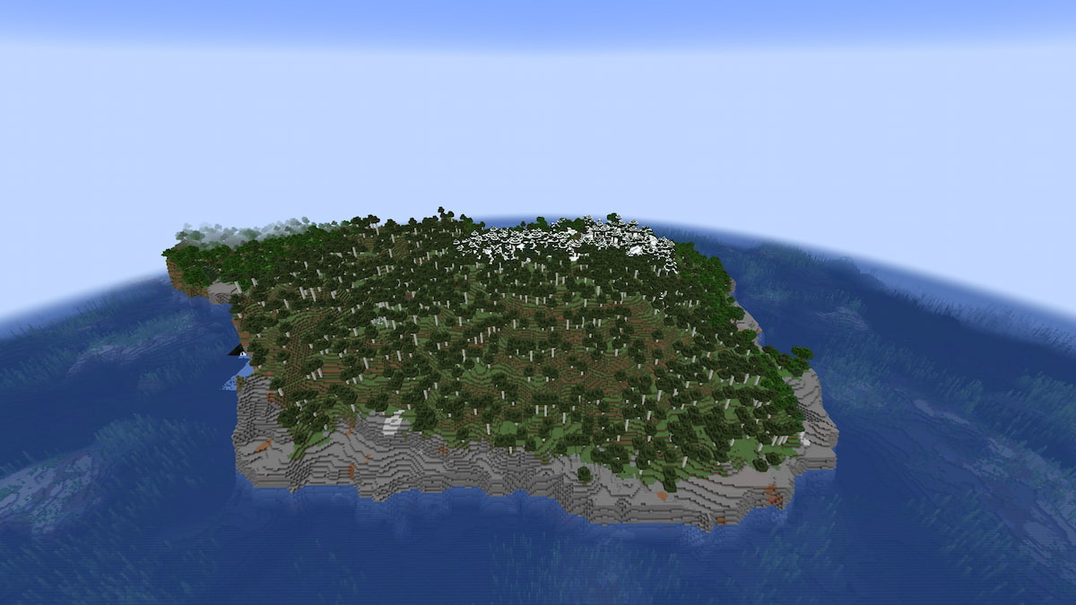 A Minecraft island covered in an Old Growth Pine Forest biome