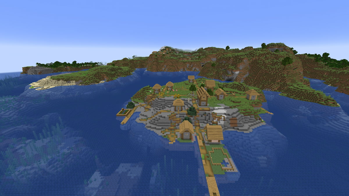 A small circular island with a Plains Village in Minecraft