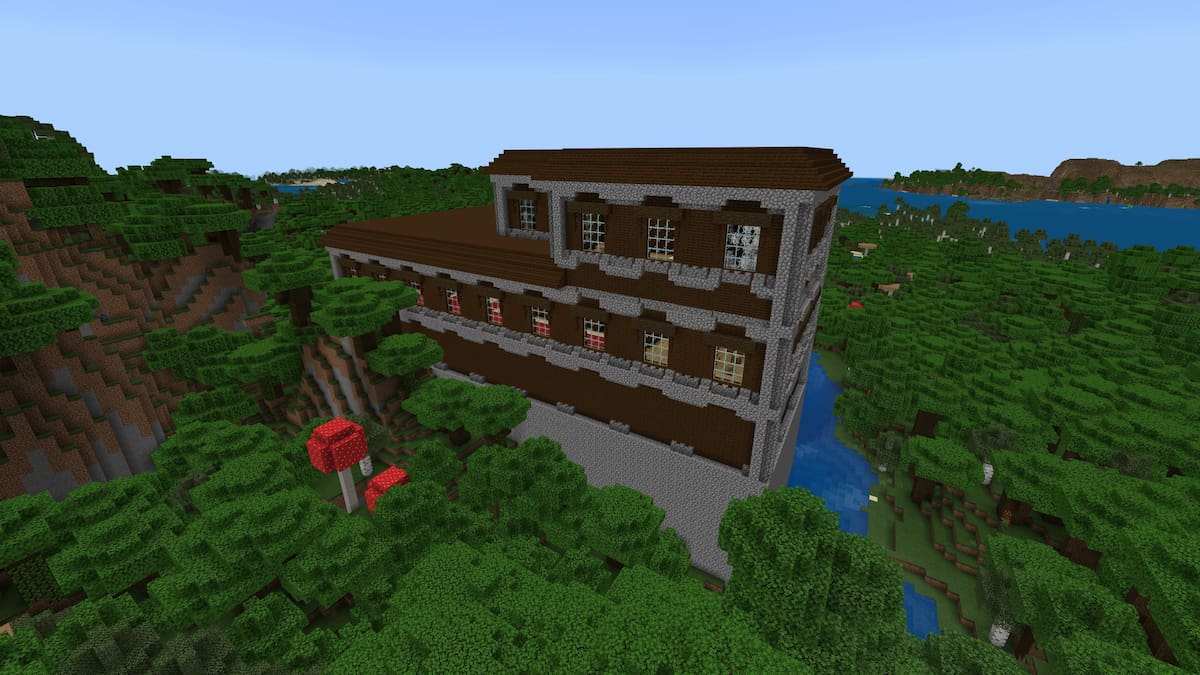 A Woodland Mansion with a secret room containing a spider spawner in Minecraft