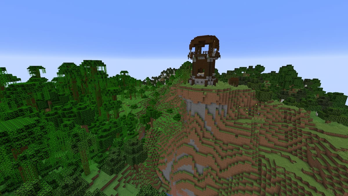 A Pillager Outpost on a hill next to a Minecraft Jungle