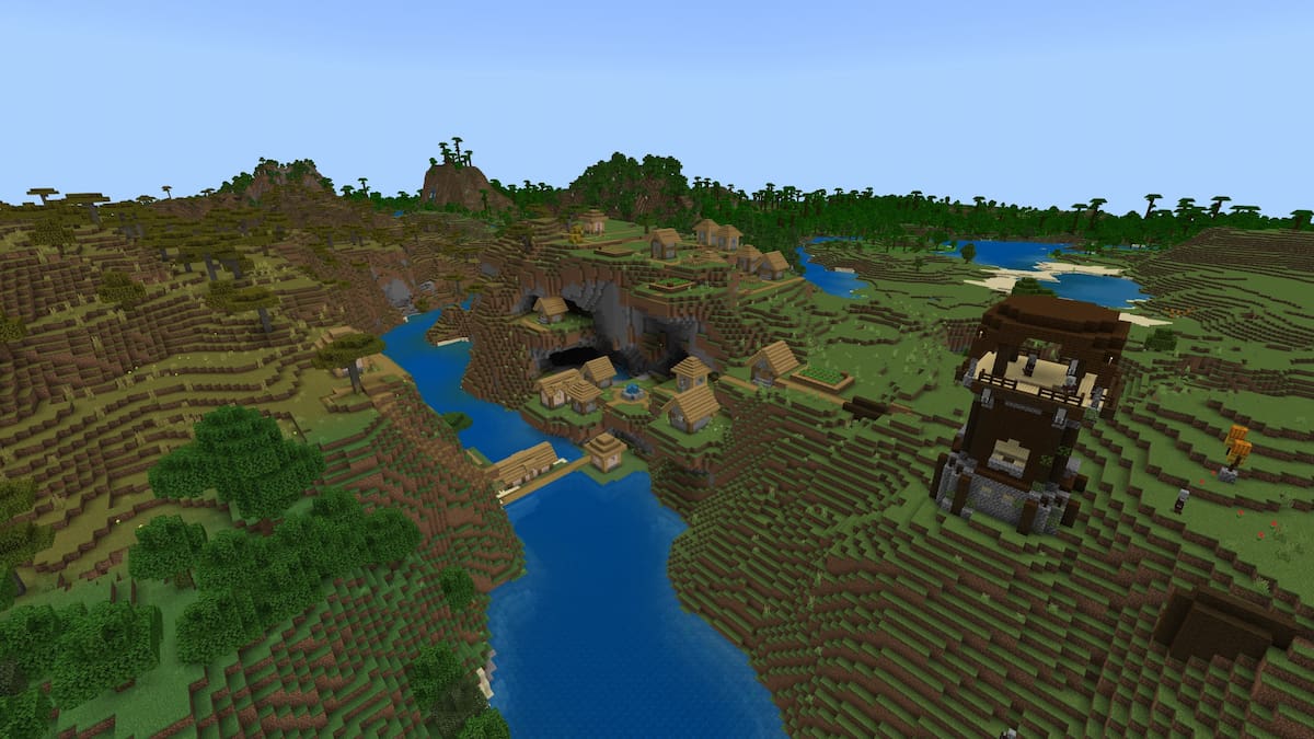 A Minecraft Pillager Outpost next to a Plains Village and a river