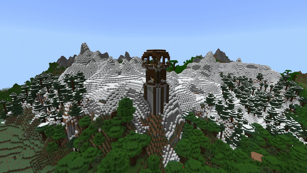 A tall Pillager Outpost on the side of a Minecraft mountain