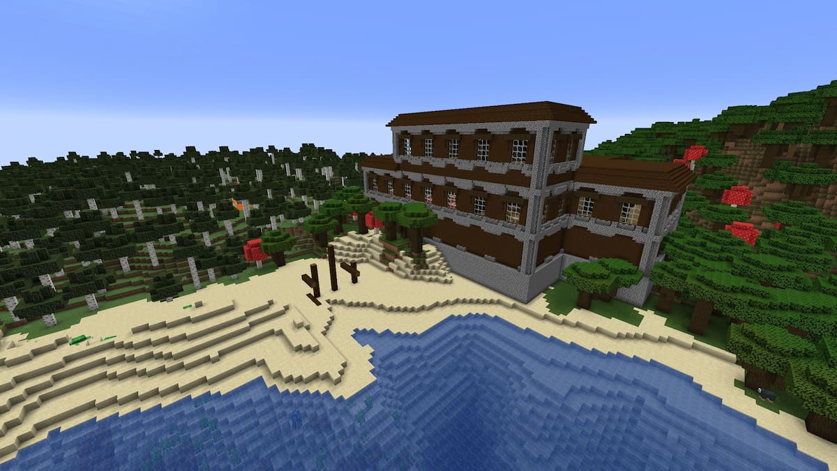 A Woodland Mansion next to a shipwreck on a Minecraft Beach biome