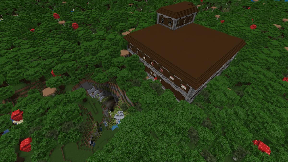 A Minecraft Woodland Mansion by a large Lush Cave