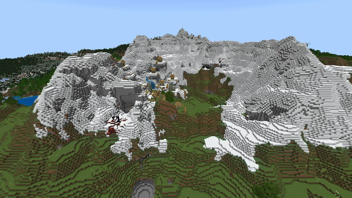 A zombified Plains Village on a mountain with a ruined Nether portal in Minecraft