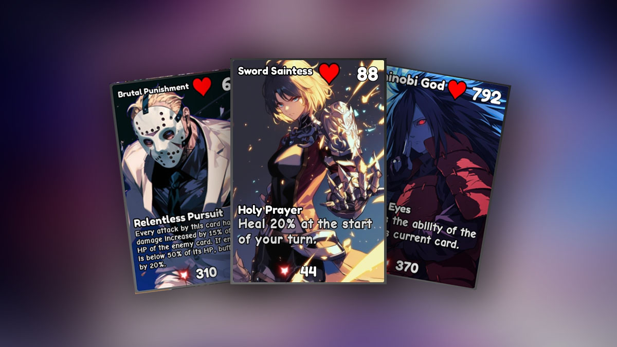 Collage of three different cards from Anime Card Battle.