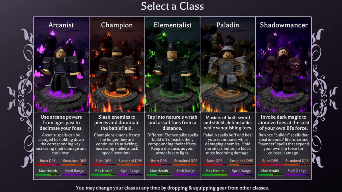 Class selection menu in Arcane Conquest