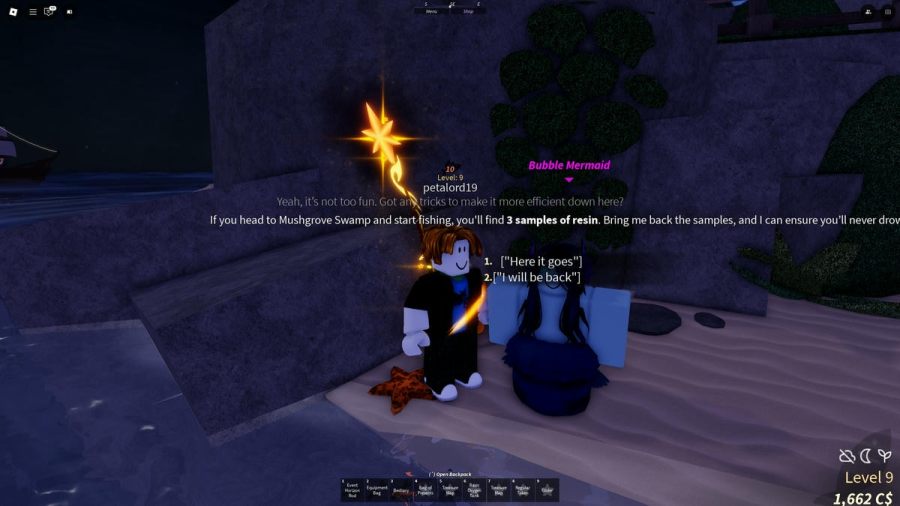 Fisch character talking to Bubble Mermaid