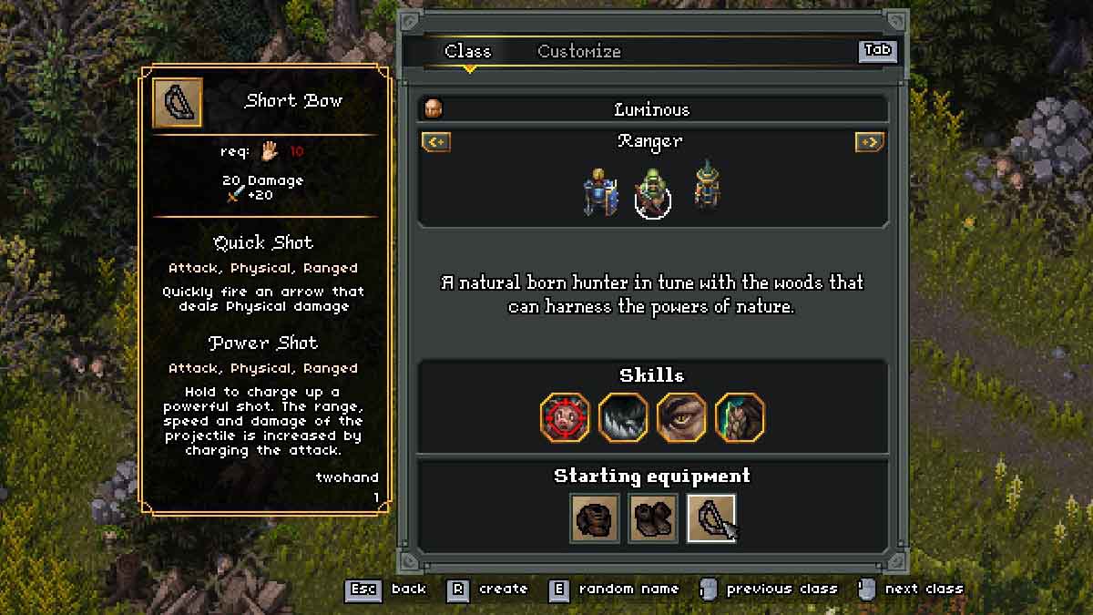 Ranger class menu in Heroes of Hammerwatch 2